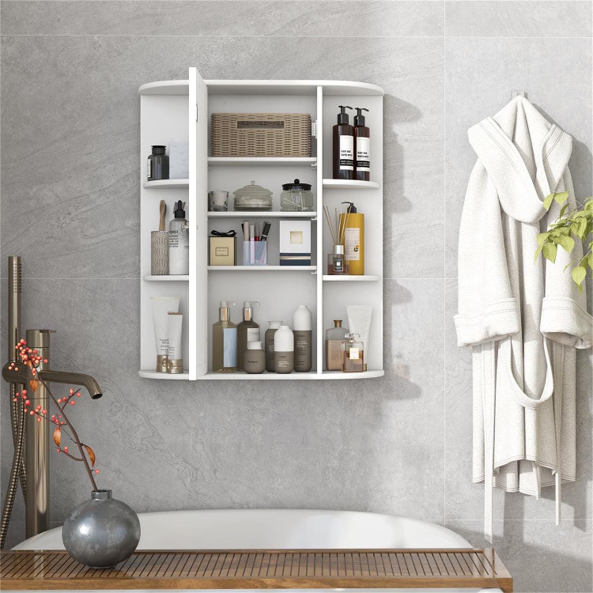 White Wall-Mounted Bathroom Cabinet with Mirror & Adjustable Shelves | Space-Saving MDF Storage Organizer for Toiletries