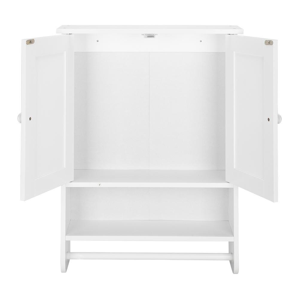 White Wall Hanging Bathroom Cabinet 65x48cm | Two-Door MDF Wall Storage Shelf with Open Space for Washroom or Bedroom Organization