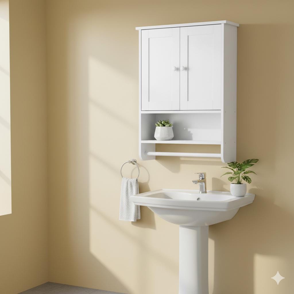 White Wall Hanging Bathroom Cabinet 65x48cm | Two-Door MDF Wall Storage Shelf with Open Space for Washroom or Bedroom Organization
