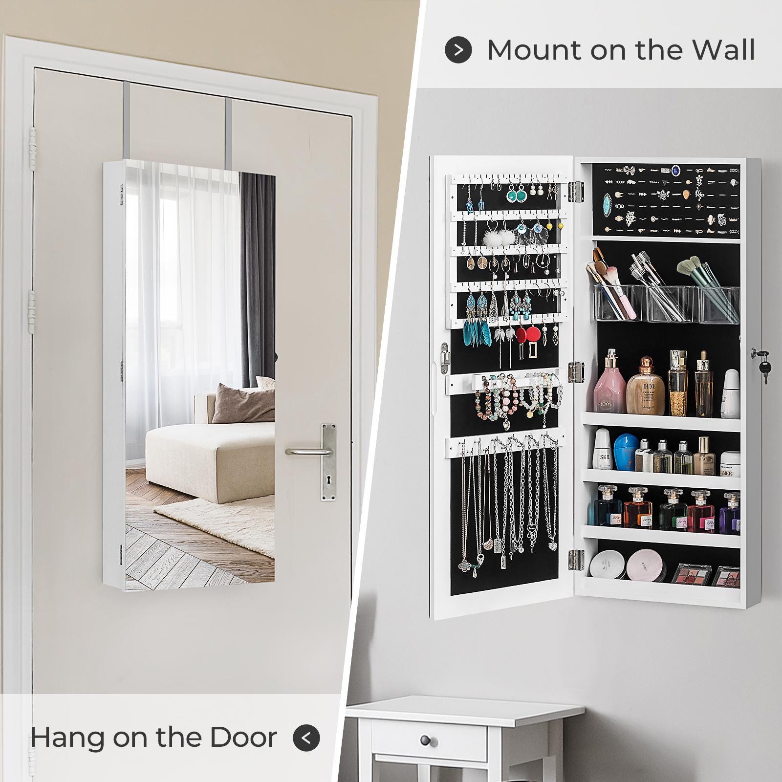 Wall Hanging Jewelry Mirror Cabinet with Lock | Full-Length PVC Film Door Jewelry Organizer, Velvet Lining & Hooks for Women