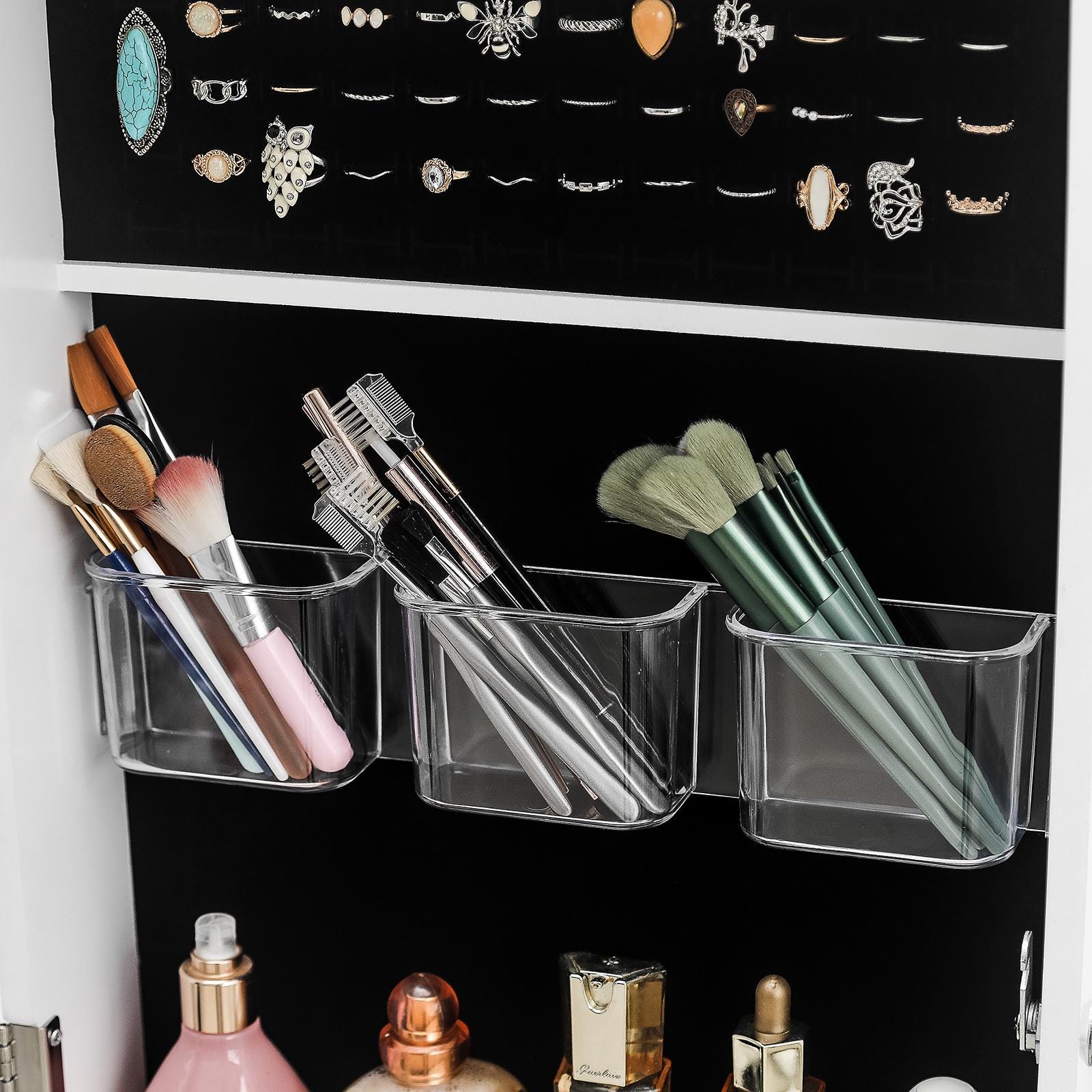 Wall Hanging Jewelry Mirror Cabinet with Lock | Full-Length PVC Film Door Jewelry Organizer, Velvet Lining & Hooks for Women