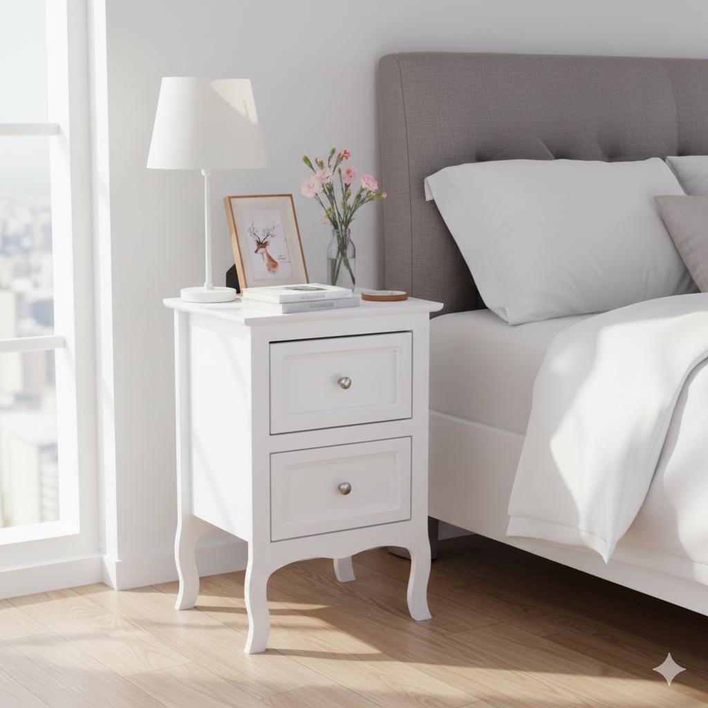 Country Style Two-Tier Night Table White | Rustic Bedroom Side Table Storage Organizer | Bedside Wooden Home Furniture