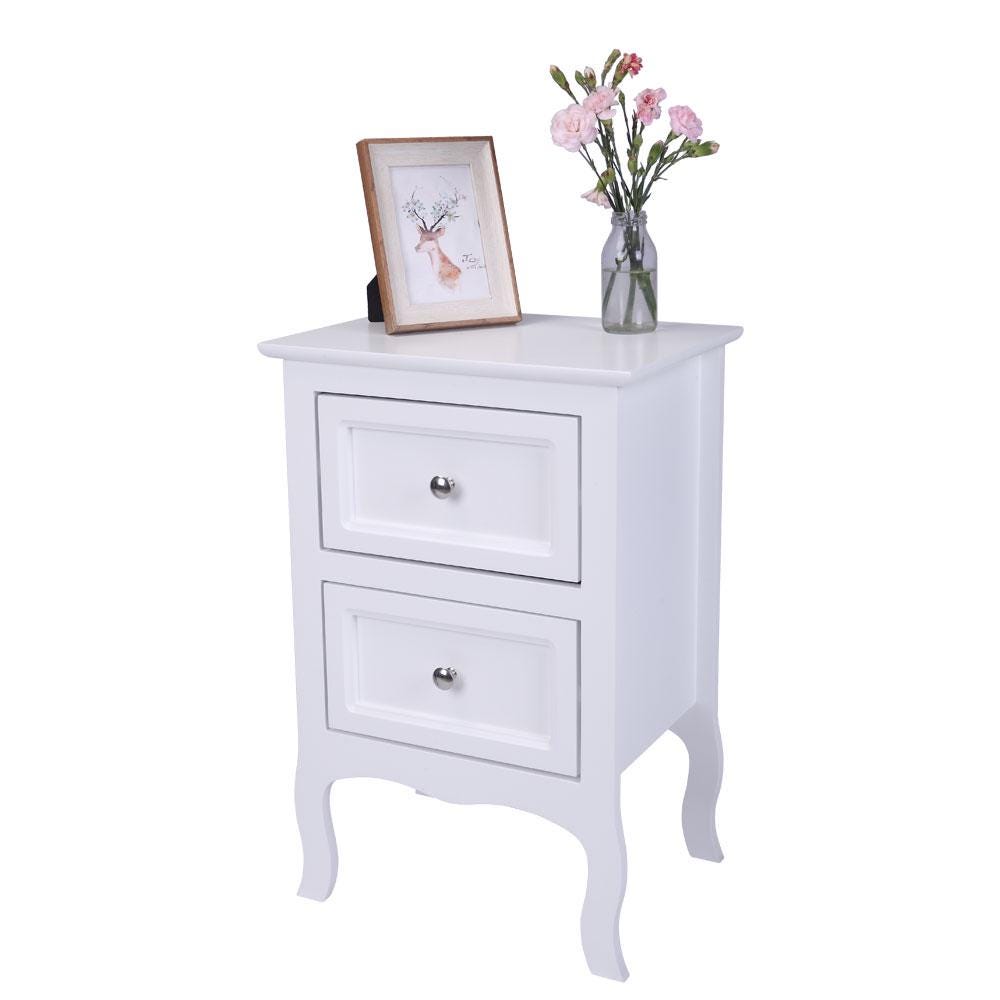 Country Style Two-Tier Night Table White | Rustic Bedroom Side Table Storage Organizer | Bedside Wooden Home Furniture