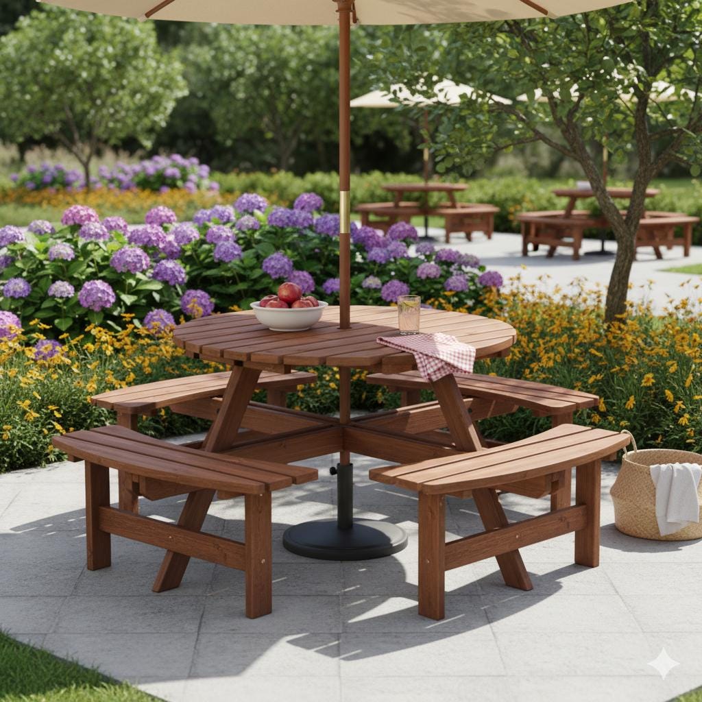 8-Person Outdoor Circular Wooden Picnic Table with 4 Built-In Benches | Patio Backyard Garden Dining Table Brown