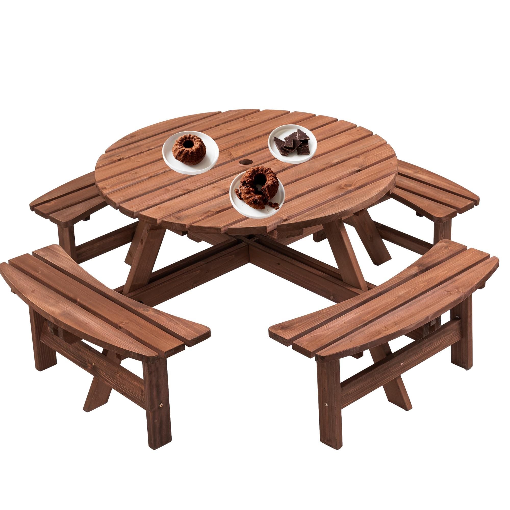 8-Person Outdoor Circular Wooden Picnic Table with 4 Built-In Benches | Patio Backyard Garden Dining Table Brown