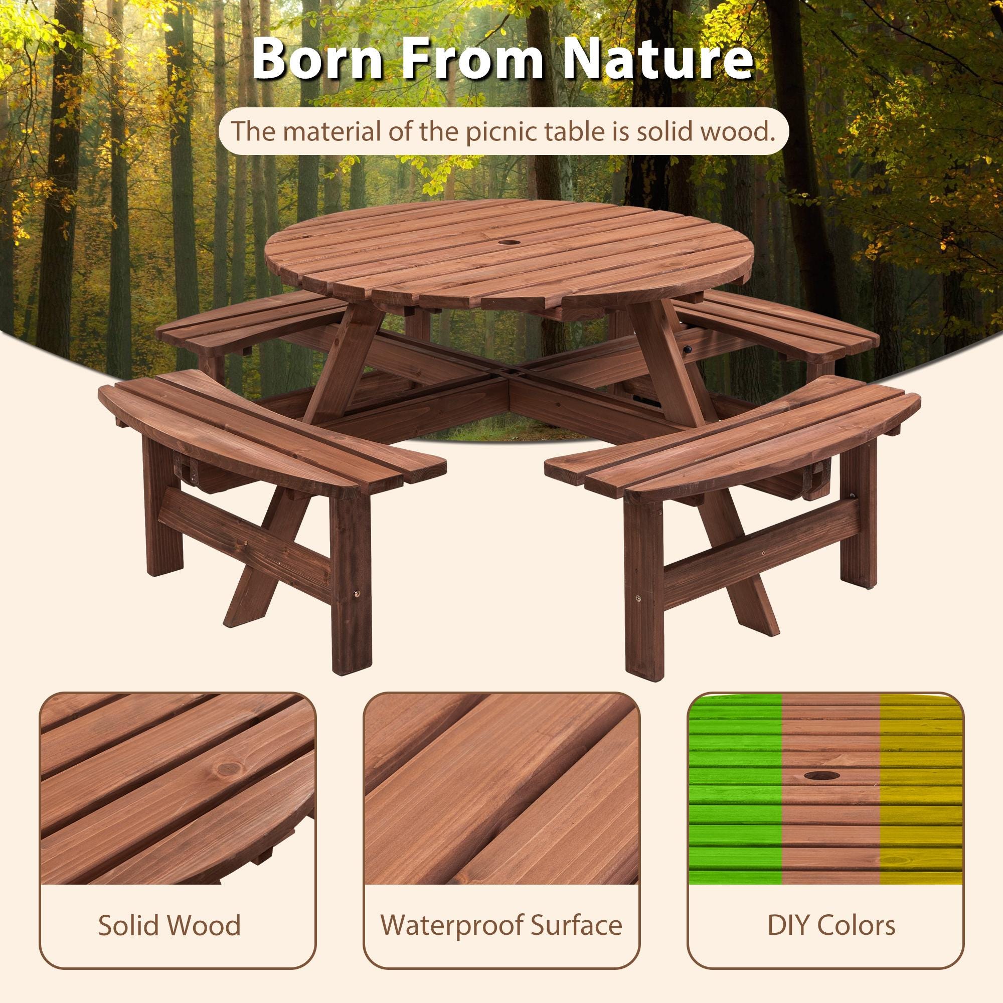 8-Person Outdoor Circular Wooden Picnic Table with 4 Built-In Benches | Patio Backyard Garden Dining Table Brown