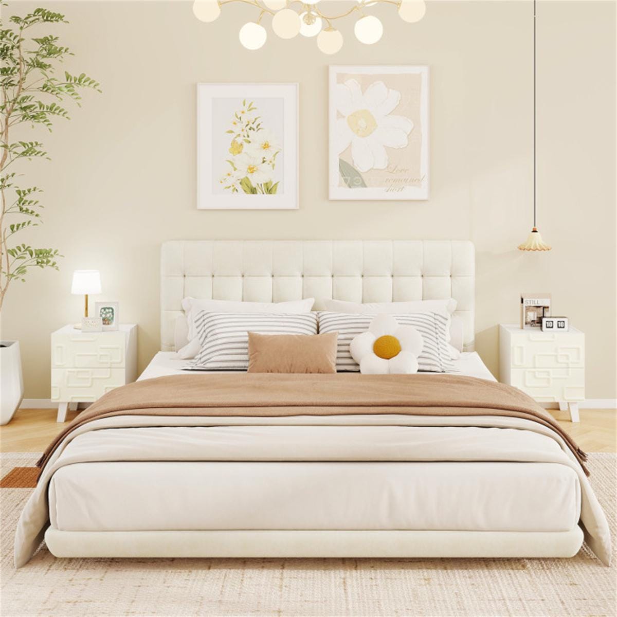 White Modern Nightstand with 2 Drawers | Geometric Bedroom Side Table | Minimalist Bedside Table for Living Room & Home Decor