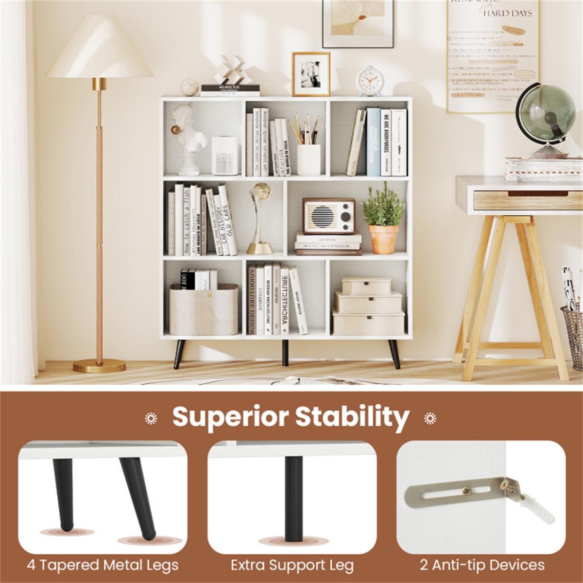 8 Cube Bookcase 3-Tier Modern Bookshelf with Metal Legs | White Storage Organizer for Home Office Decor & Display