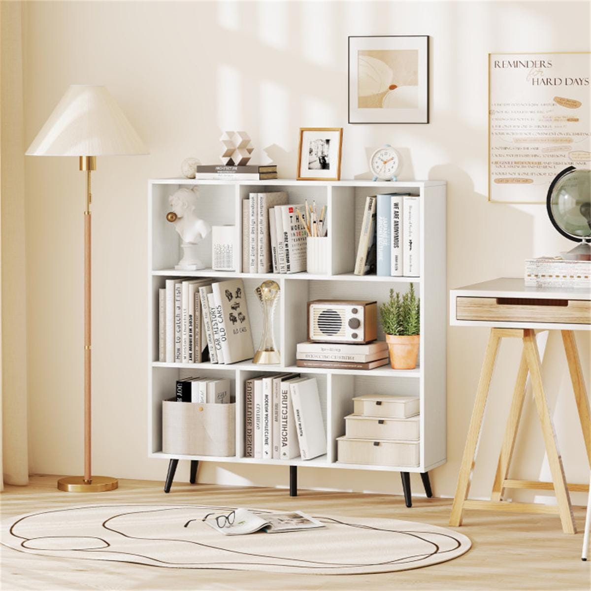 8 Cube Bookcase 3-Tier Modern Bookshelf with Metal Legs | White Storage Organizer for Home Office Decor & Display