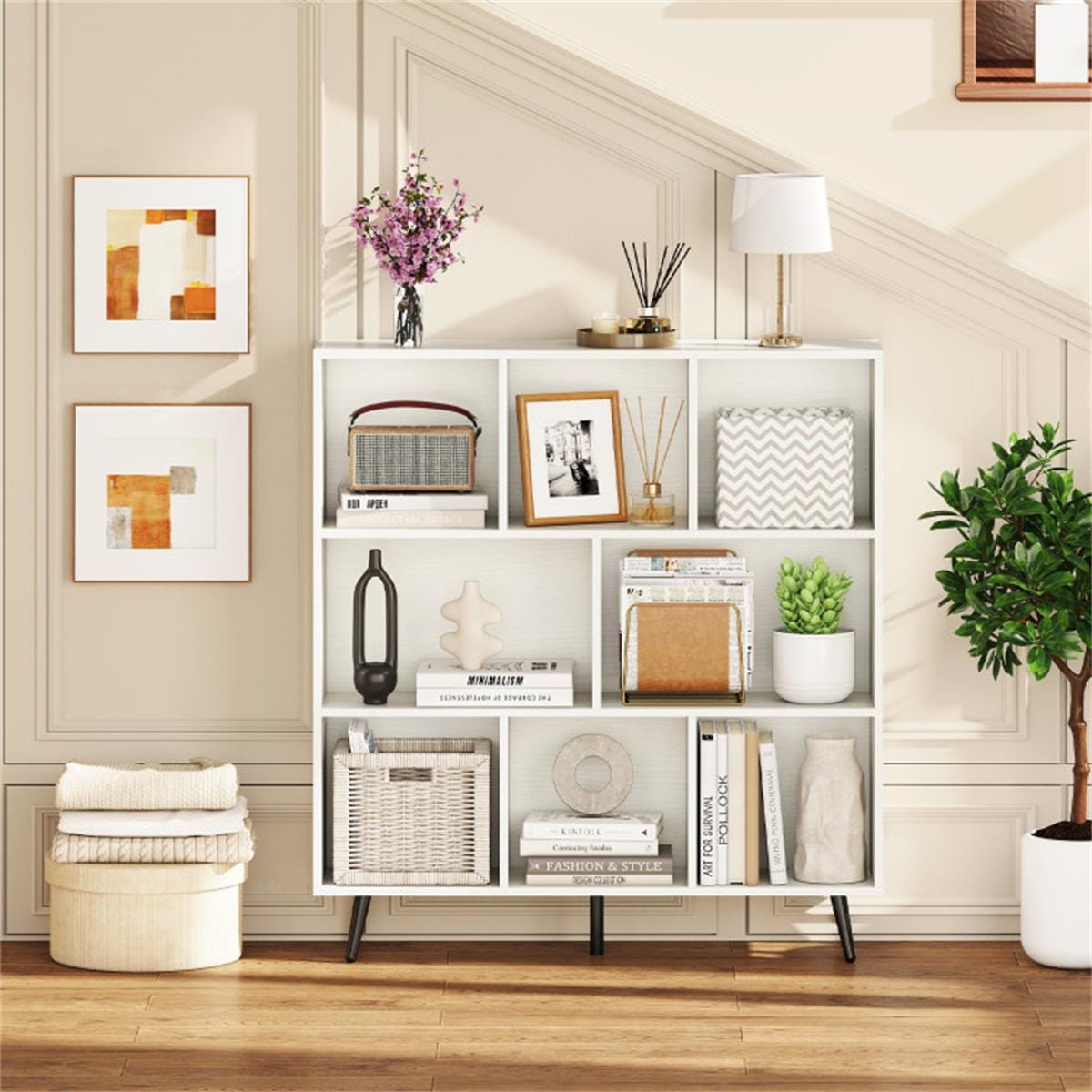 8 Cube Bookcase 3-Tier Modern Bookshelf with Metal Legs | White Storage Organizer for Home Office Decor & Display