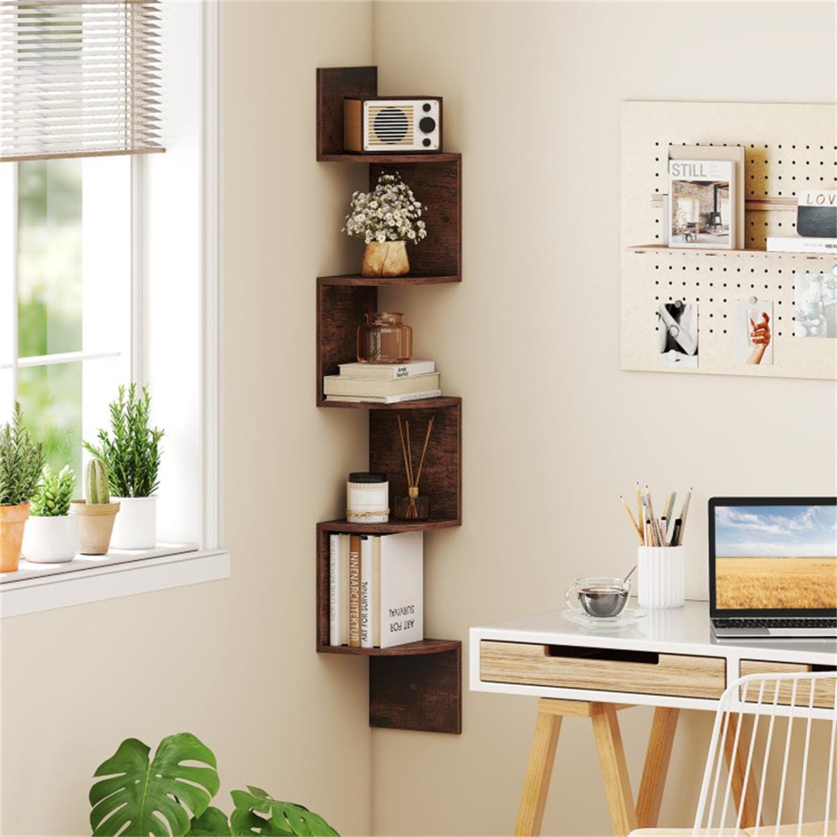 5-Tier Wall Mounted Corner Shelf Rustic Brown | Floating Bookshelf Organizer for Living Room, Bedroom, Kitchen, Office Storage
