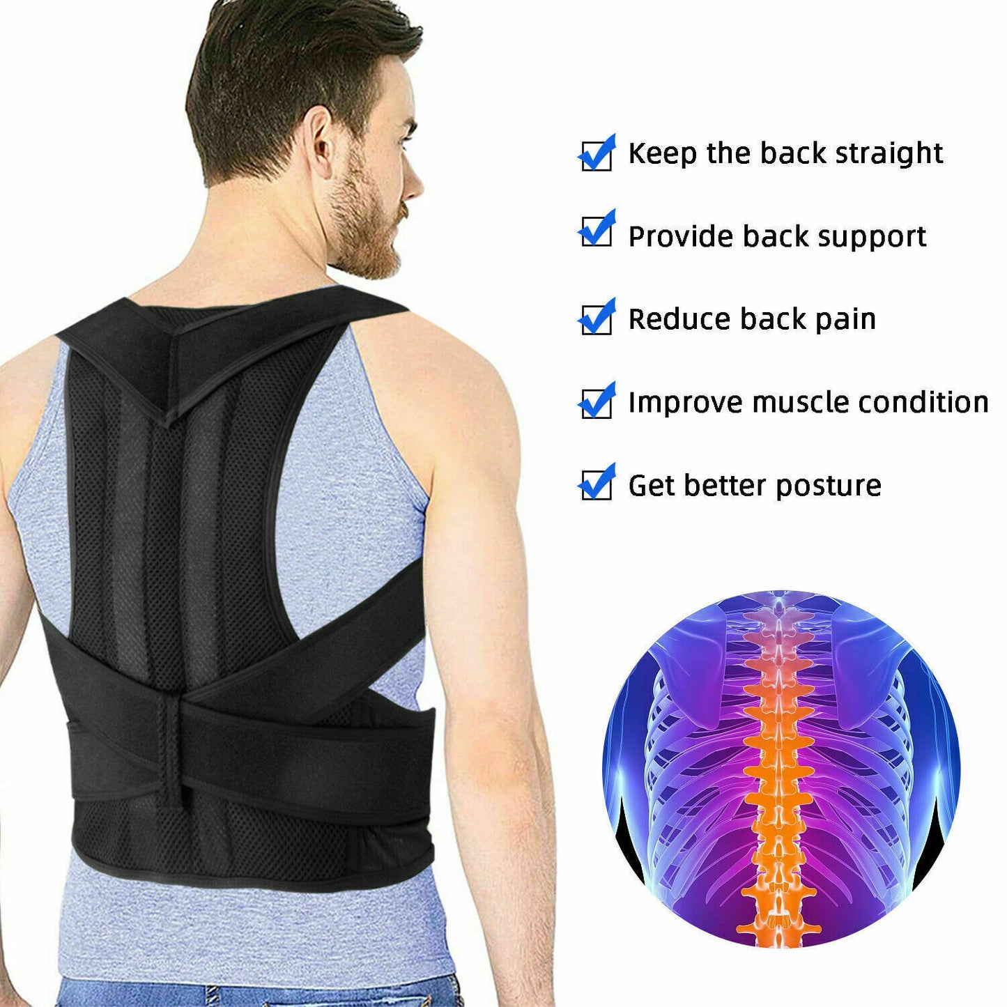 Adjustable Posture Corrector Low Back Support Shoulder Brace Belt for Men Women